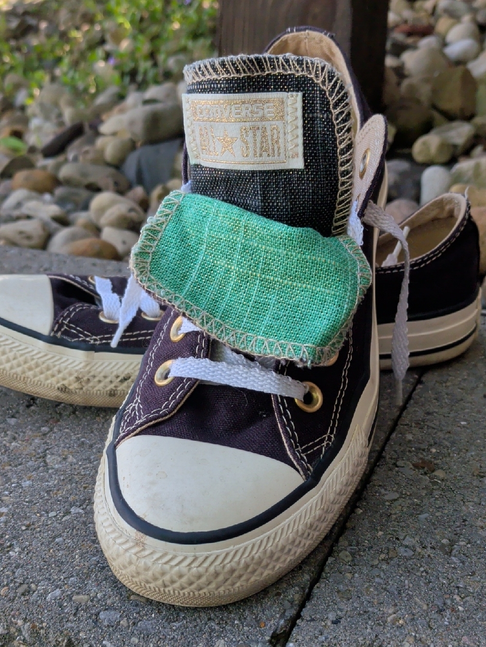 Converse Dark Purple Gold Accent Canvas Low-Top Sneakers with Green Tongue